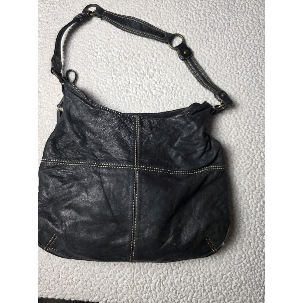 Liz Claiborne Black Genuine Leather Hobo Shoulder Bag Purse Slouchy Brass